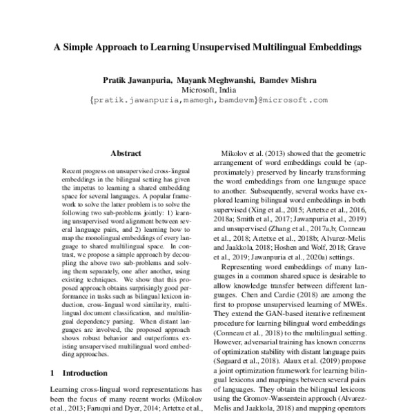 A Simple Approach to Learning Unsupervised Multilingual Embeddings