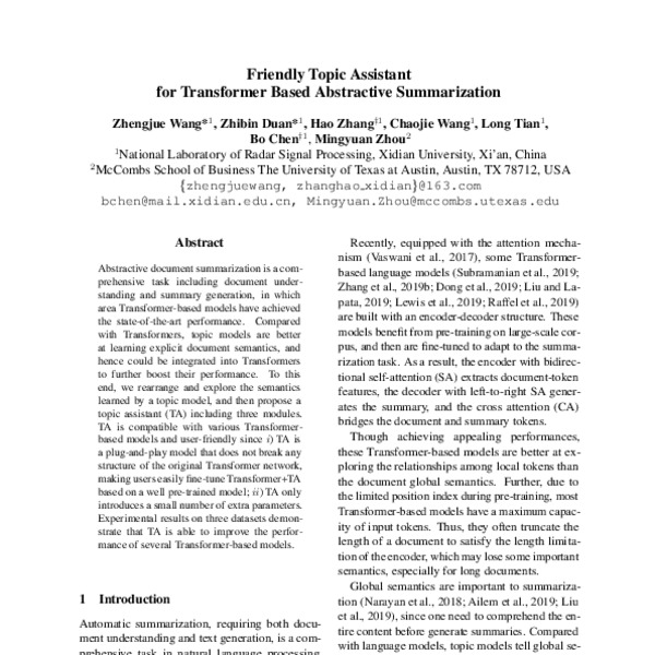 Friendly Topic Assistant for Transformer Based Abstractive