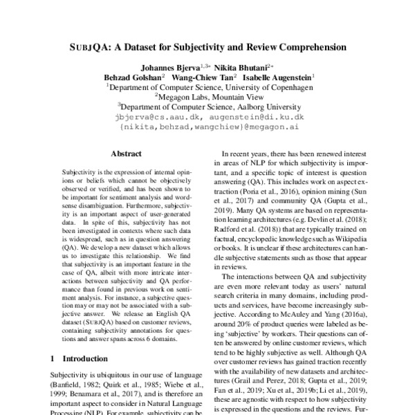 SubjQA: A Dataset for Subjectivity and Review Comprehension - ACL Anthology