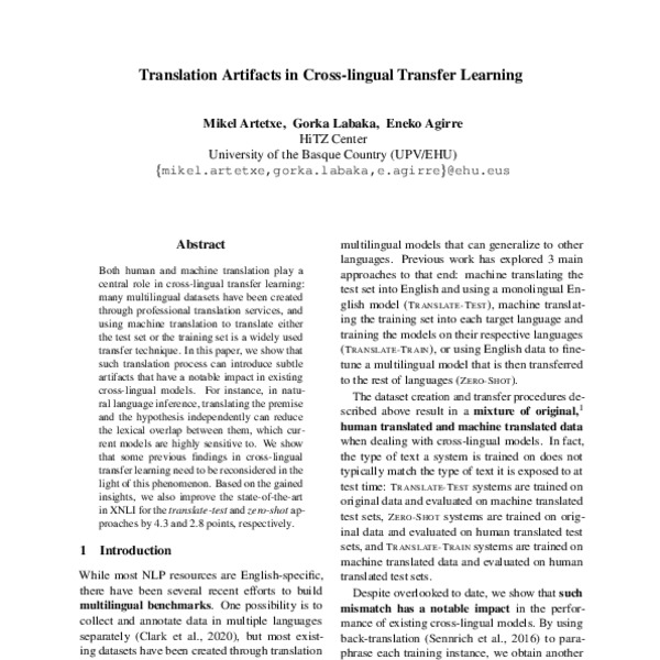 Translation Artifacts in Cross-lingual Transfer Learning - ACL Anthology