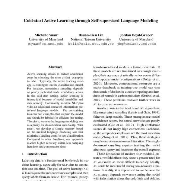 Cold-start Active Learning through Self-supervised Language Modeling ...