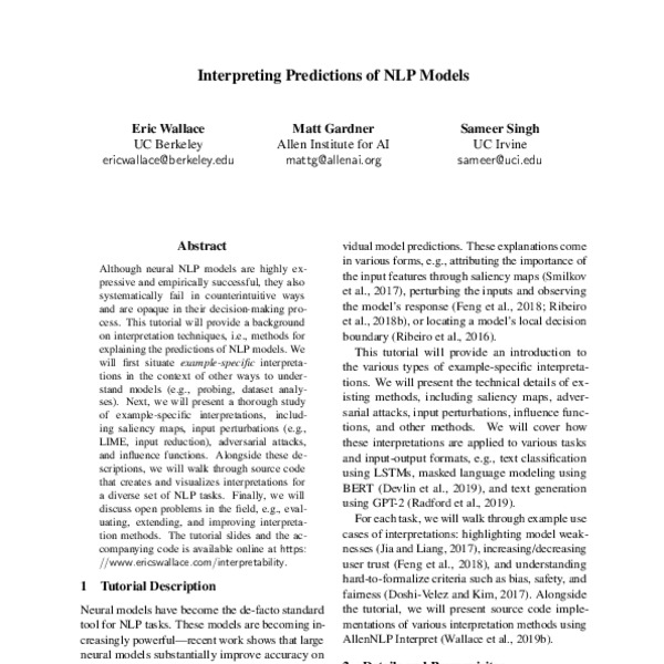 Interpreting Predictions of NLP Models ACL Anthology