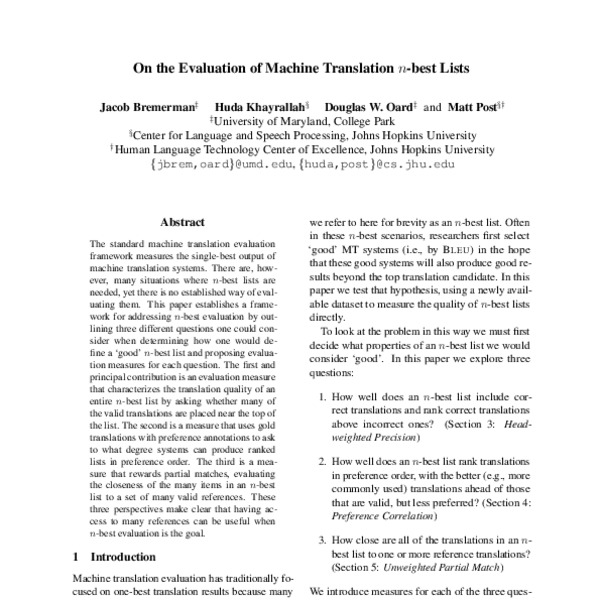 On the Evaluation of Machine Translation n-best Lists - ACL Anthology