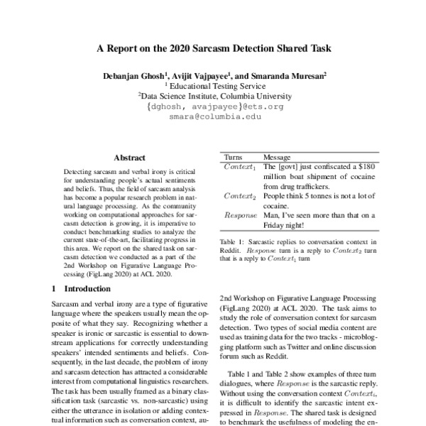 A Report on the 2020 Sarcasm Detection Shared Task - ACL Anthology