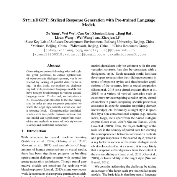 Styledgpt Stylized Response Generation With Pre Trained Language Models Acl Anthology