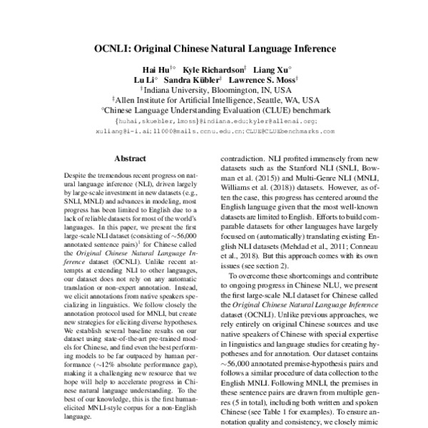 OCNLI: Original Chinese Natural Language Inference - ACL Anthology