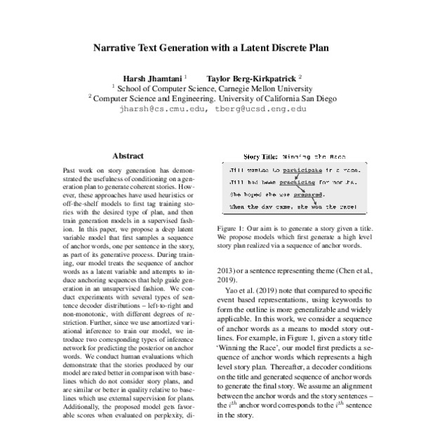 Narrative Text Generation with a Latent Discrete Plan - ACL Anthology