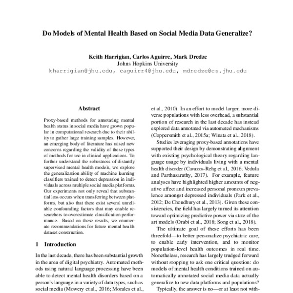 Do Models of Mental Health Based on Social Media Data Generalize? - ACL ...
