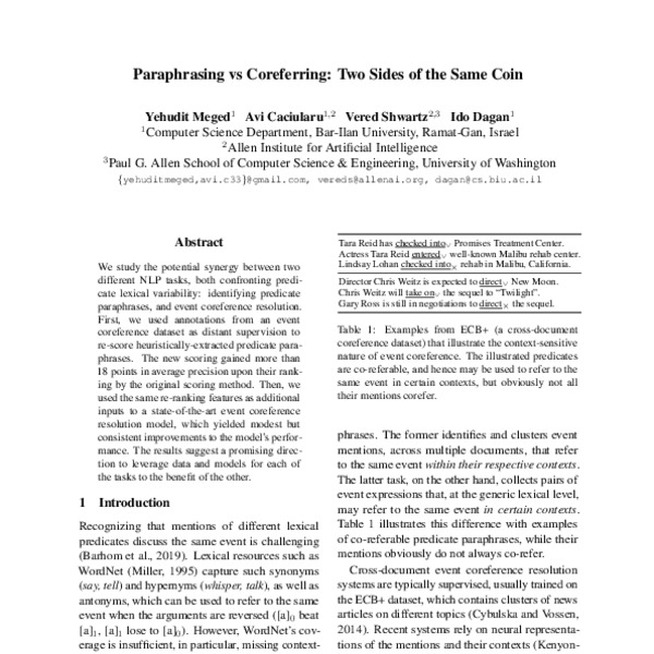 Paraphrasing vs Coreferring Two Sides of the Same Coin ACL