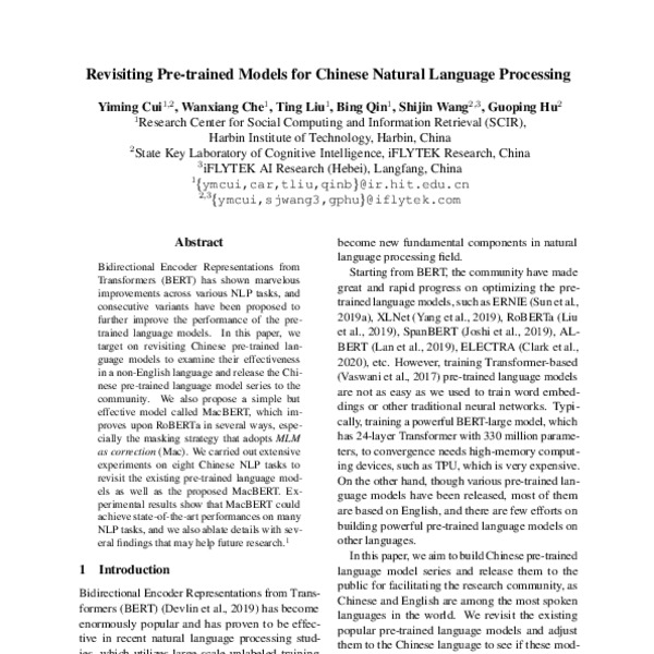 Revisiting Pre-Trained Models for Chinese Natural Language Processing ...