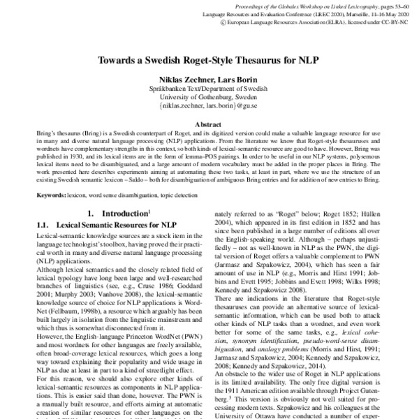 Towards a Swedish Roget-Style Thesaurus for NLP - ACL Anthology