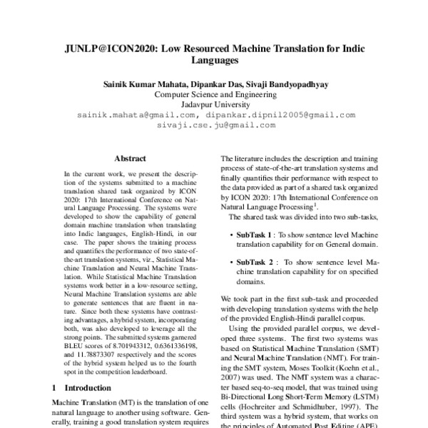 JUNLP@ICON2020: Low Resourced Machine Translation for Indic Languages ...