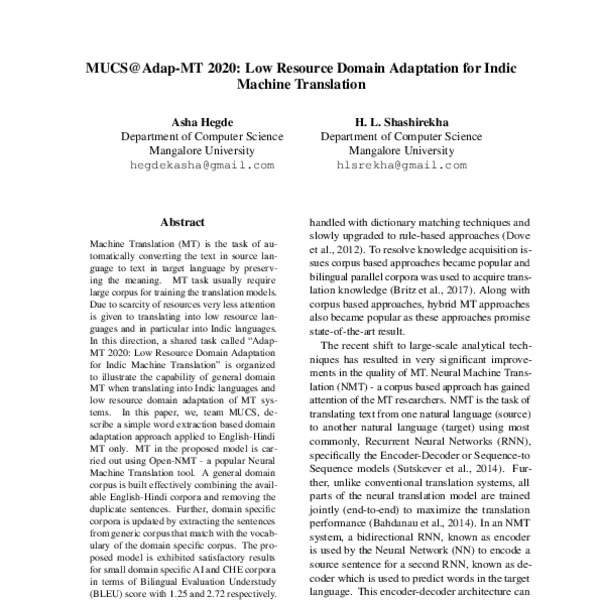 MUCS@Adap-MT 2020: Low Resource Domain Adaptation for Indic Machine ...