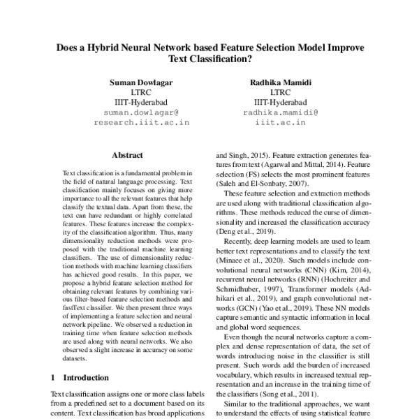 Does a Hybrid Neural Network based Feature Selection Model Improve Text ...