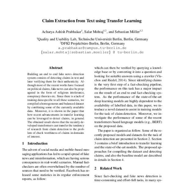 Claim extraction from text using transfer learning. - ACL Anthology