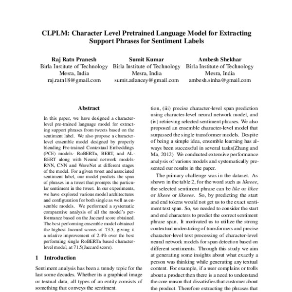 CLPLM: Character Level Pretrained Language Model for ExtractingSupport ...