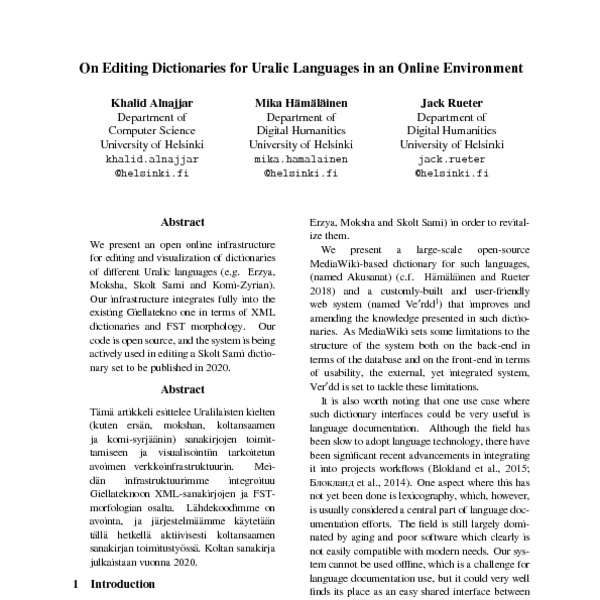 On Editing Dictionaries for Uralic Languages in an Online Environment - ACL  Anthology
