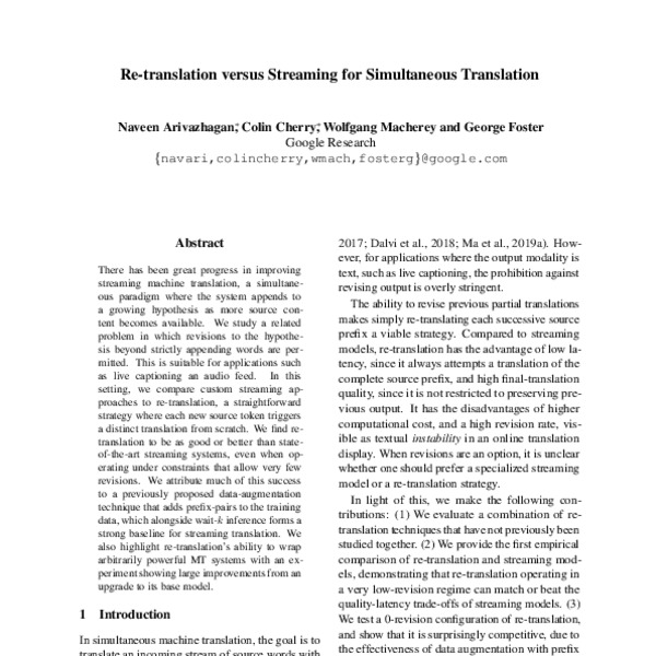 Re-translation versus Streaming for Simultaneous Translation - ACL ...