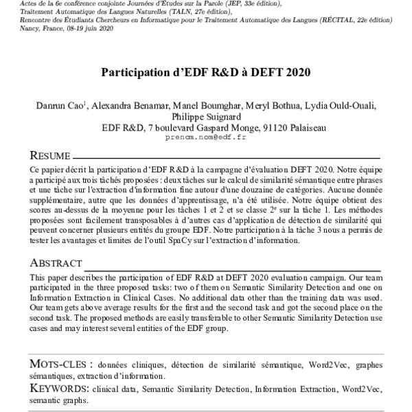 Participation d’EDF R&D à DEFT 2020 (This paper describes the ...