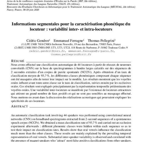 Informations segmentales pour la caractérisation phonétique du locuteur