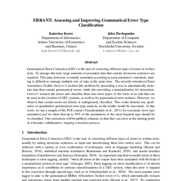 ERRANT: Assessing and Improving Grammatical Error Type Classification ...