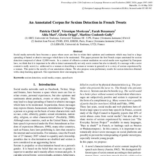 An Annotated Corpus for Sexism Detection in French Tweets - ACL Anthology