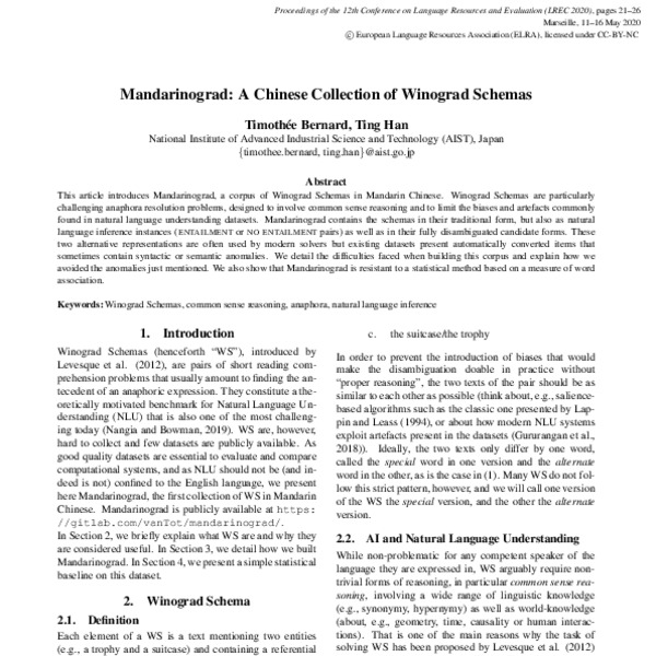 Mandarinograd: A Chinese Collection of Winograd Schemas - ACL Anthology