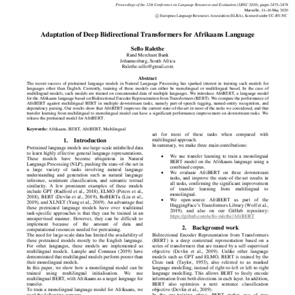 Adaptation of Deep Bidirectional Transformers for Afrikaans Language ...