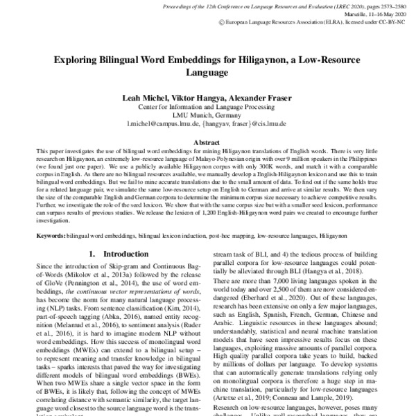 Exploring Bilingual Word Embeddings for Hiligaynon, a Low-Resource ...