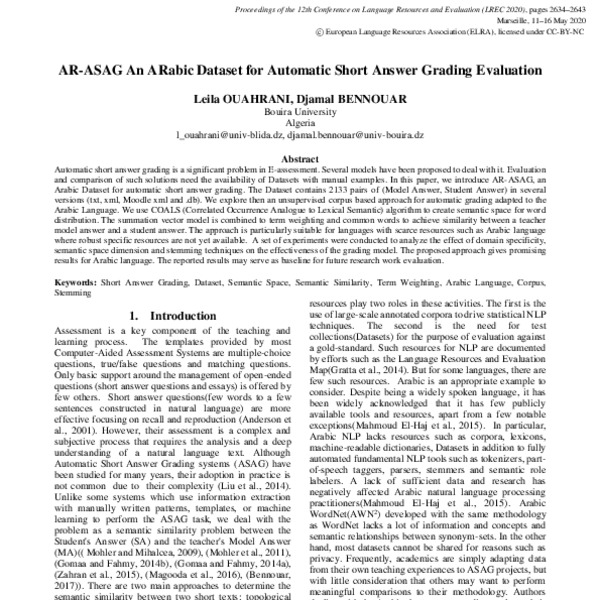 AR-ASAG An ARabic Dataset for Automatic Short Answer Grading Evaluation ...