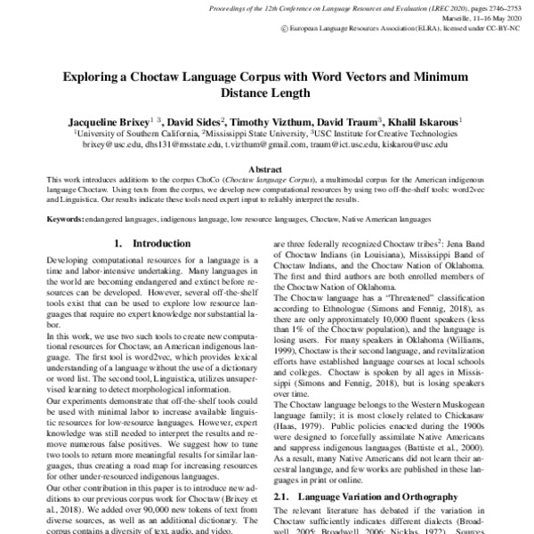 Exploring a Choctaw Language Corpus with Word Vectors and Minimum ...