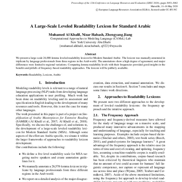 A Large-Scale Leveled Readability Lexicon for Standard Arabic - ACL ...