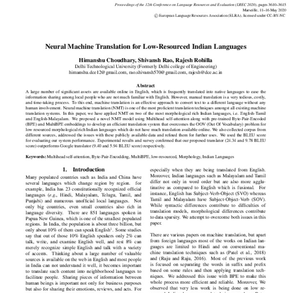 Neural Machine Translation for Low-Resourced Indian Languages - ACL ...