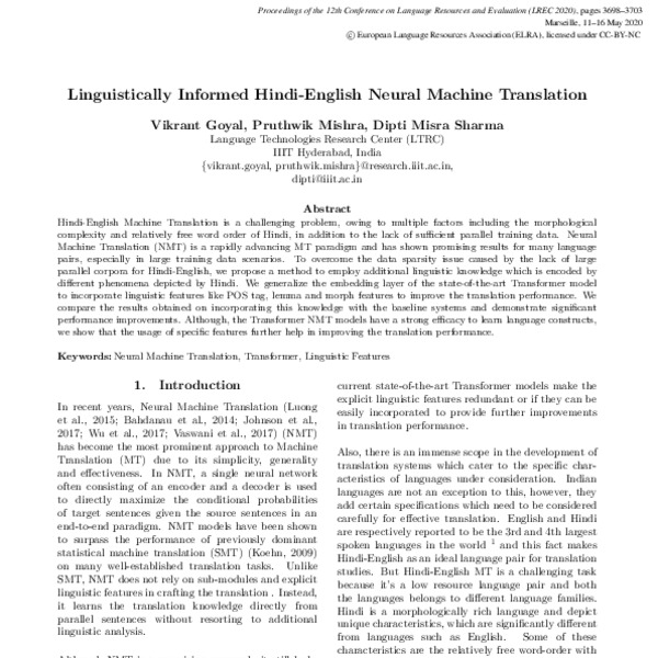 Linguistically Informed Hindi-English Neural Machine Translation - ACL ...