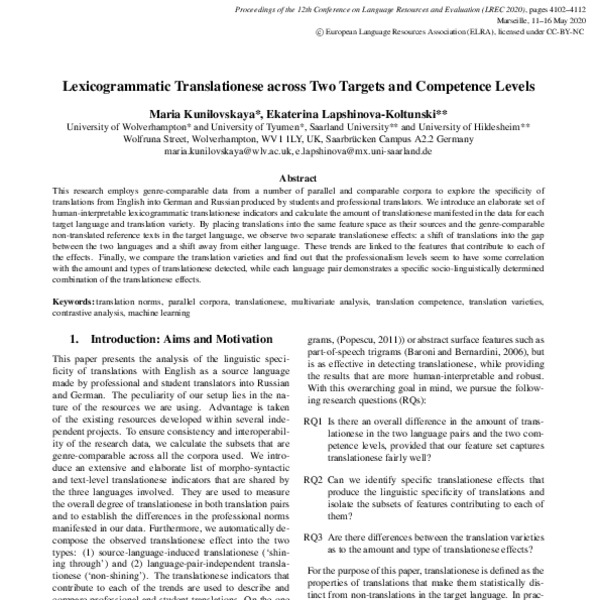 Lexicogrammatic translationese across two targets and competence levels ...