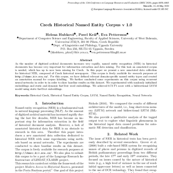 Czech Historical Named Entity Corpus v 1.0 - ACL Anthology