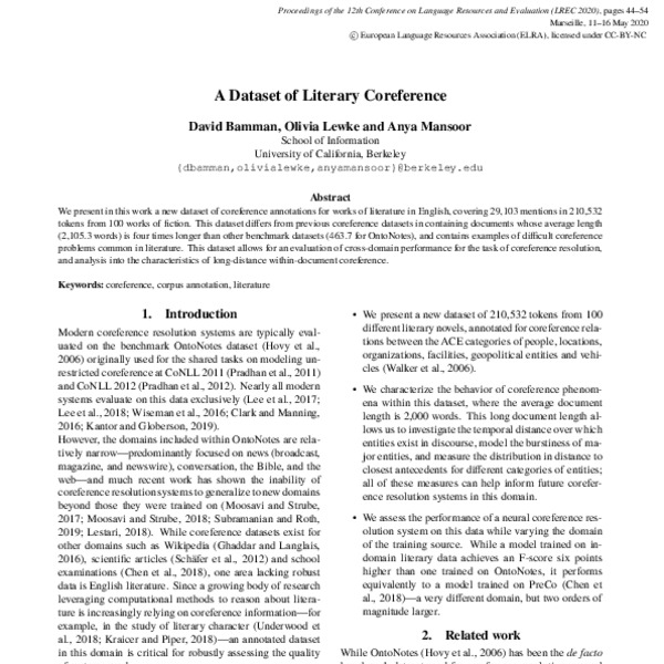 An Annotated Dataset of Coreference in English Literature