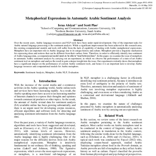 Metaphorical Expressions in Automatic Arabic Sentiment Analysis - ACL ...