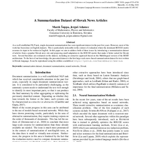 A Summarization Dataset of Slovak News Articles - ACL Anthology