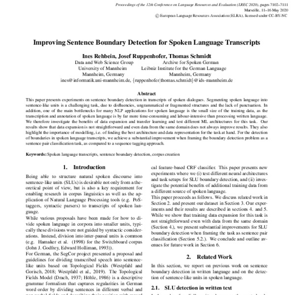 Improving Sentence Boundary Detection for Spoken Language Transcripts ...