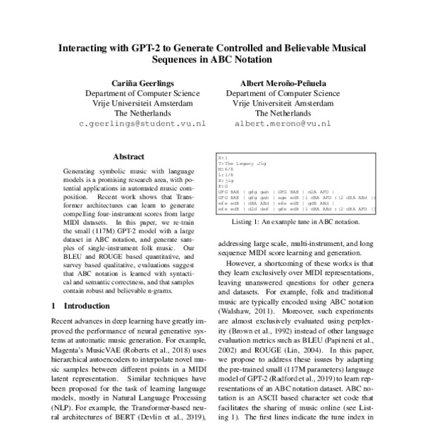 Interacting with GPT-2 to Generate Controlled and Believable Musical Sequences in ABC Notation ...