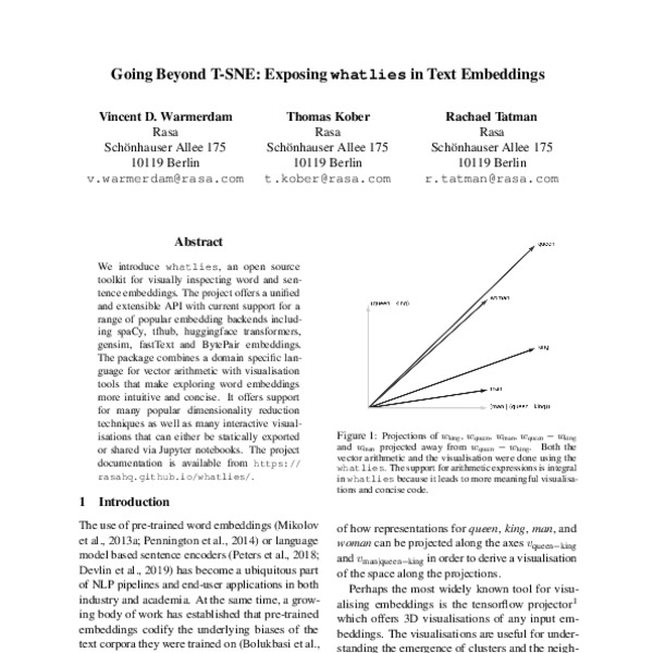 Going Beyond TSNE Exposing whatlies in Text Embeddings