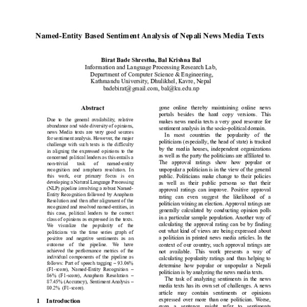 Named-Entity Based Sentiment Analysis of Nepali News Media Texts - ACL ...