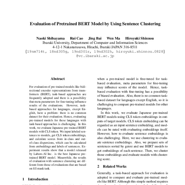 Evaluation of Pretrained BERT Model by Using Sentence Clustering - ACL ...