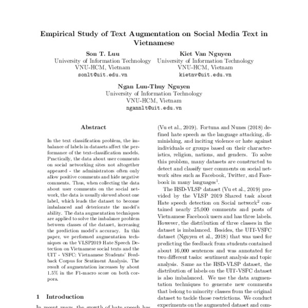 Empirical Study of Text Augmentation on Social Media Text in Vietnamese ...