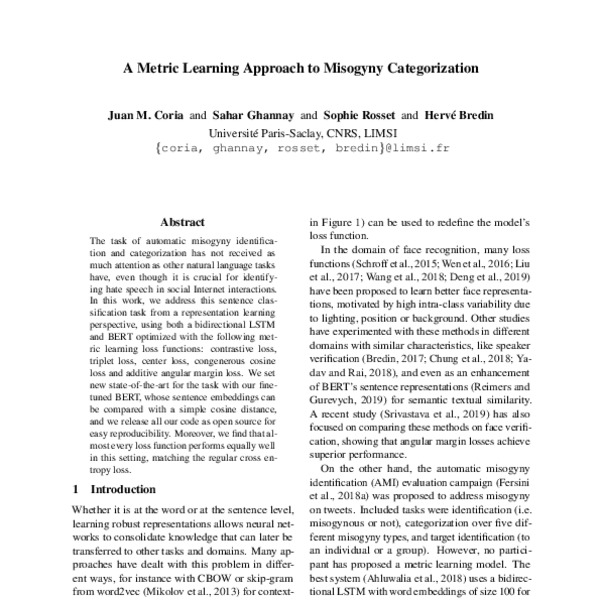 A Metric Learning Approach To Misogyny Categorization ACL Anthology