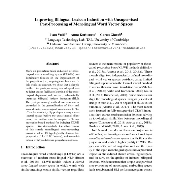 Improving Bilingual Lexicon Induction With Unsupervised Post Processing Of Monolingual Word