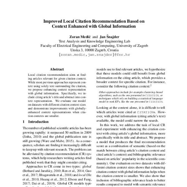 Improved Local Citation Recommendation Based On Context Enhanced With Global Information Acl Anthology