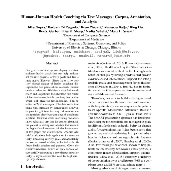 Human-Human Health Coaching via Text Messages: Corpus, Annotation, and ...