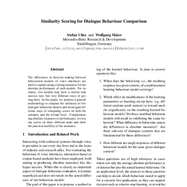 Similarity Scoring for Dialogue Behaviour Comparison - ACL Anthology